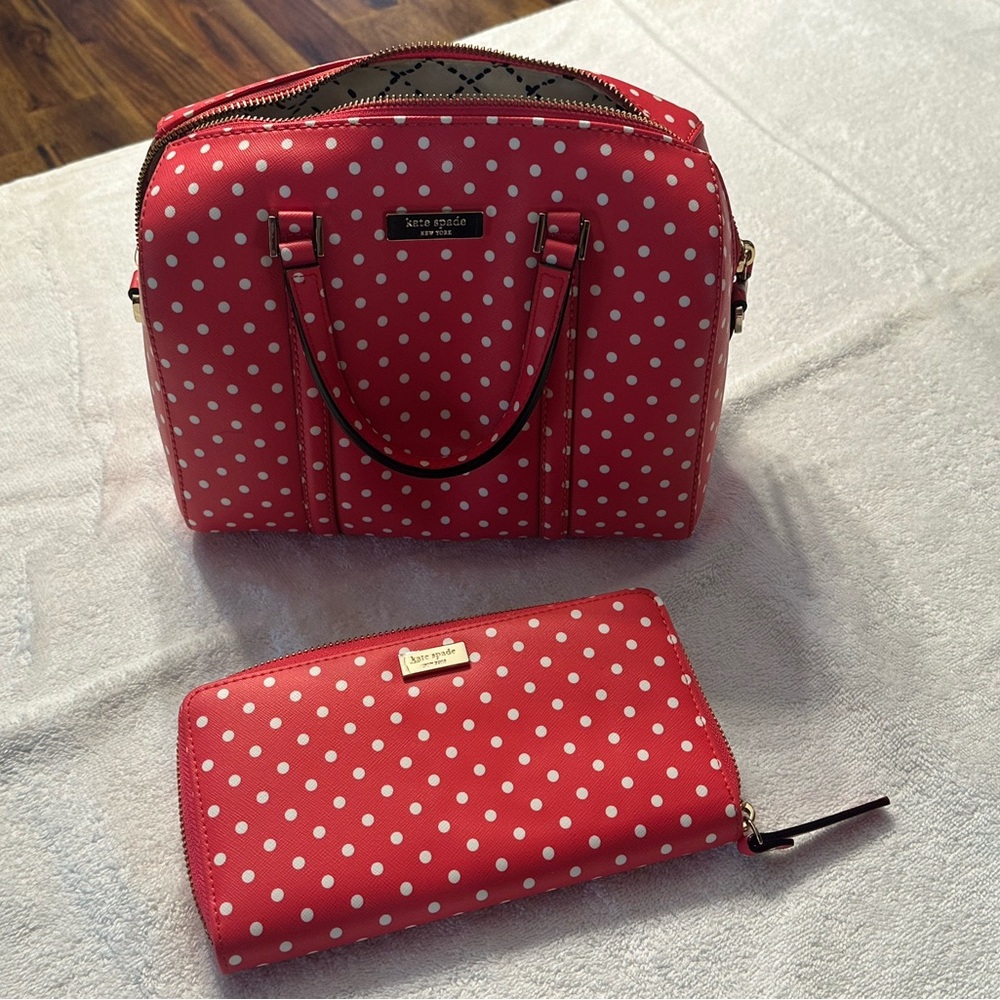 Kate Spade hot pink and White Polka Dot Satchel and Wallet